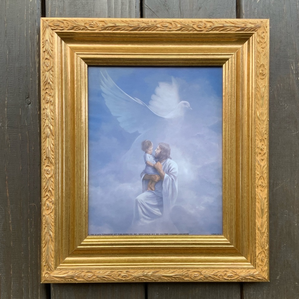 Vintage Danny Hahlbohm 1995 Litho Print Rare Jesus Child Dove Gold Ornate Frame